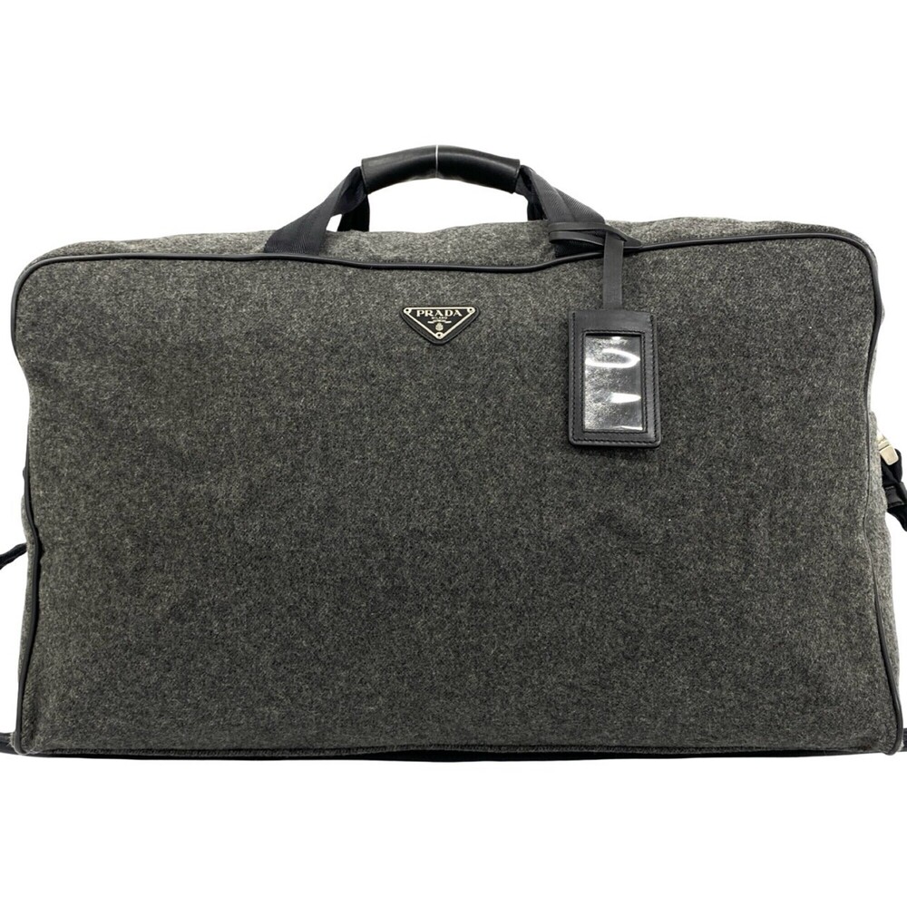 PRADA Triangle Logo Plate Hardware Wool Nylon 2-way Boston Bag Shoulder Gray ...